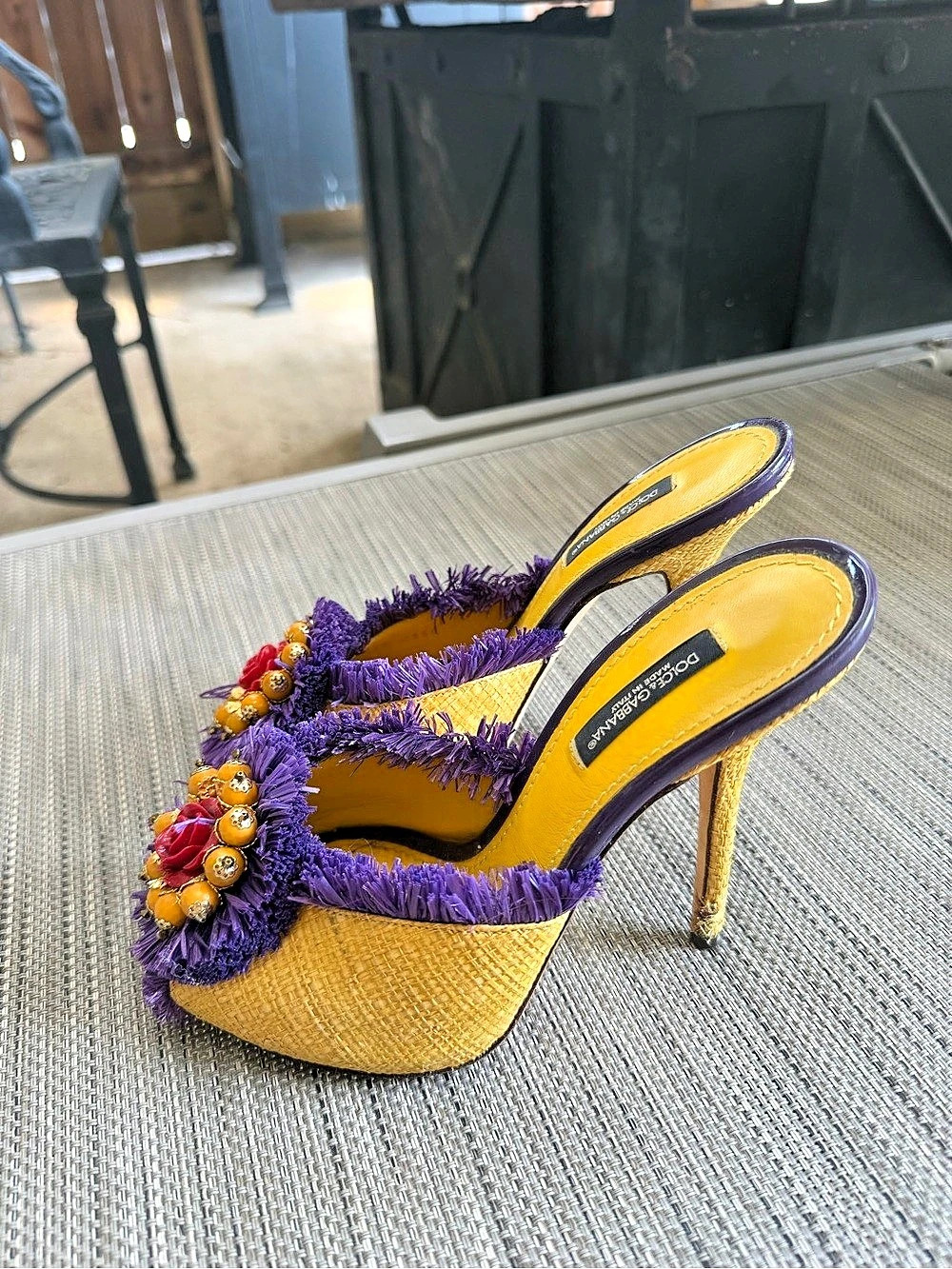 Dolce & Gabbana Raffia Floral Fringe Heels in Yellow & Purple - Picture 4 of 8